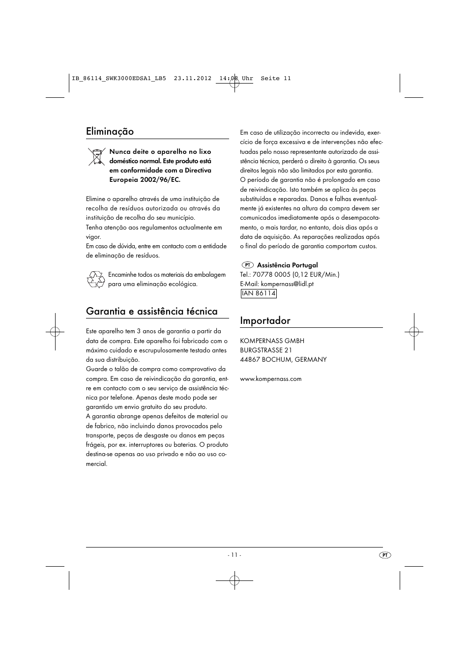 Eliminação, Garantia e assistência técnica, Importador | Silvercrest SWK 3000 EDS A1 User Manual | Page 14 / 27