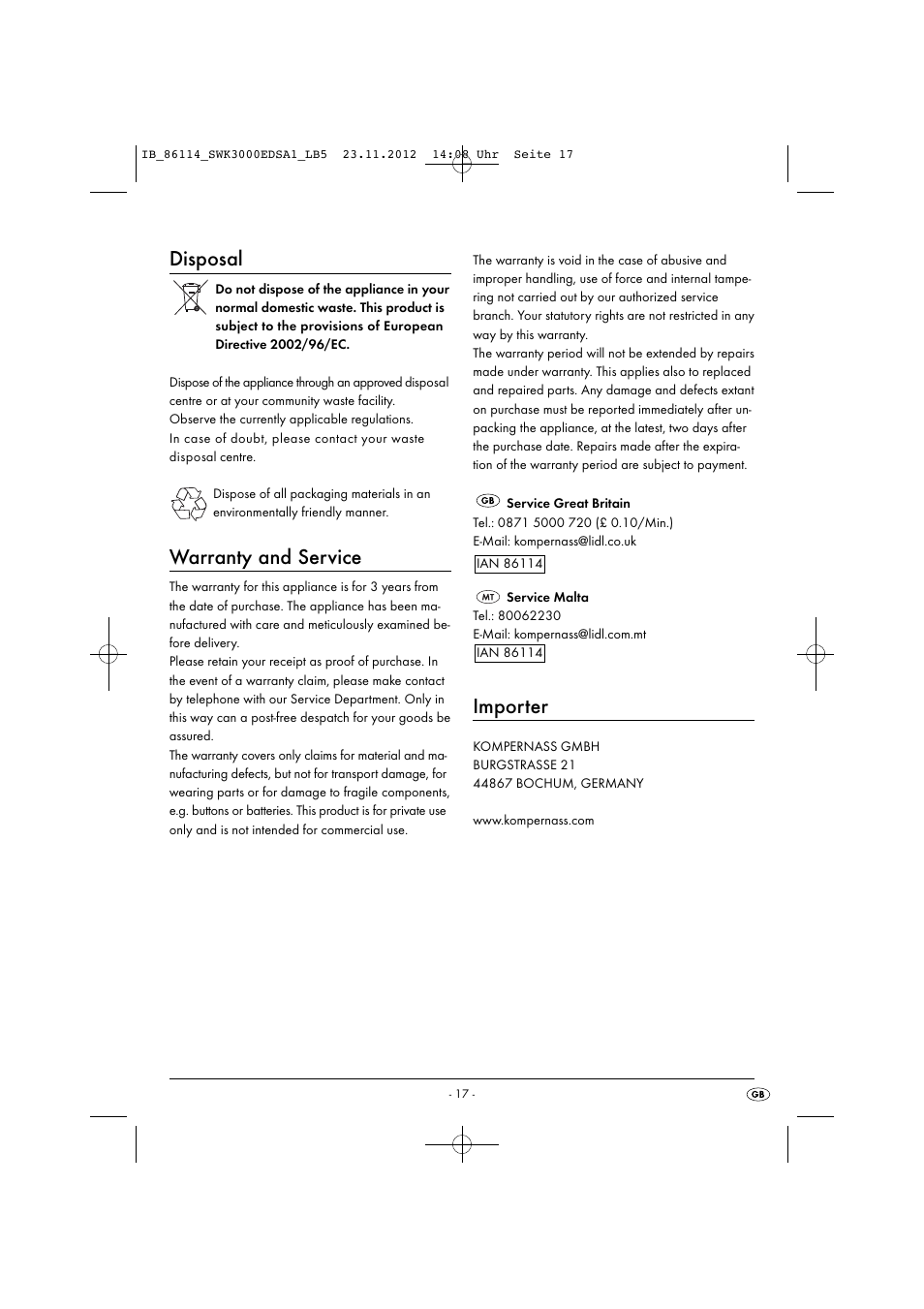 Disposal, Warranty and service, Importer | Silvercrest SWK 3000 EDS A1 User Manual | Page 20 / 27