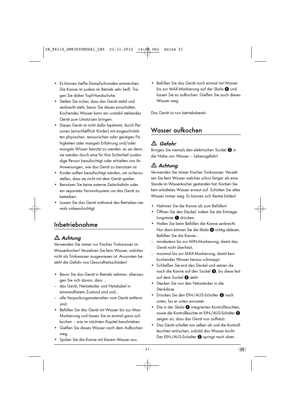 Inbetriebnahme, Wasser aufkochen, Achtung | Gefahr | Silvercrest SWK 3000 EDS A1 User Manual | Page 24 / 27