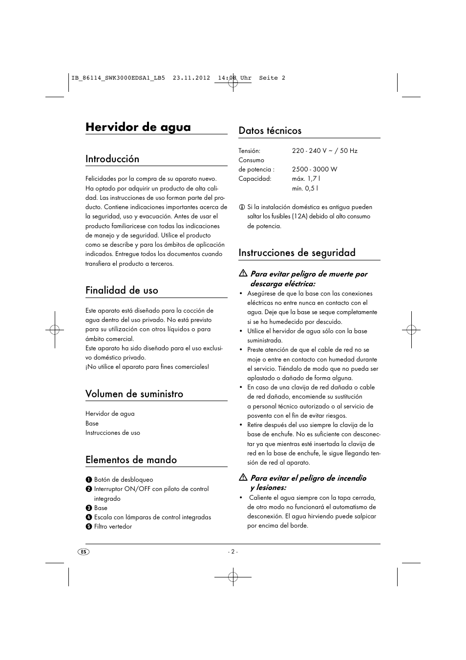 Hervidor de agua, Introducción, Finalidad de uso | Volumen de suministro, Elementos de mando, Datos técnicos, Instrucciones de seguridad | Silvercrest SWK 3000 EDS A1 User Manual | Page 5 / 27