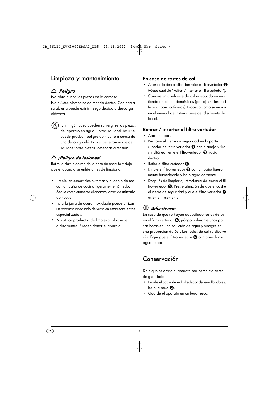 Limpieza y mantenimiento, Conservación, Eligro | Silvercrest SWK 3000 EDS A1 User Manual | Page 7 / 27