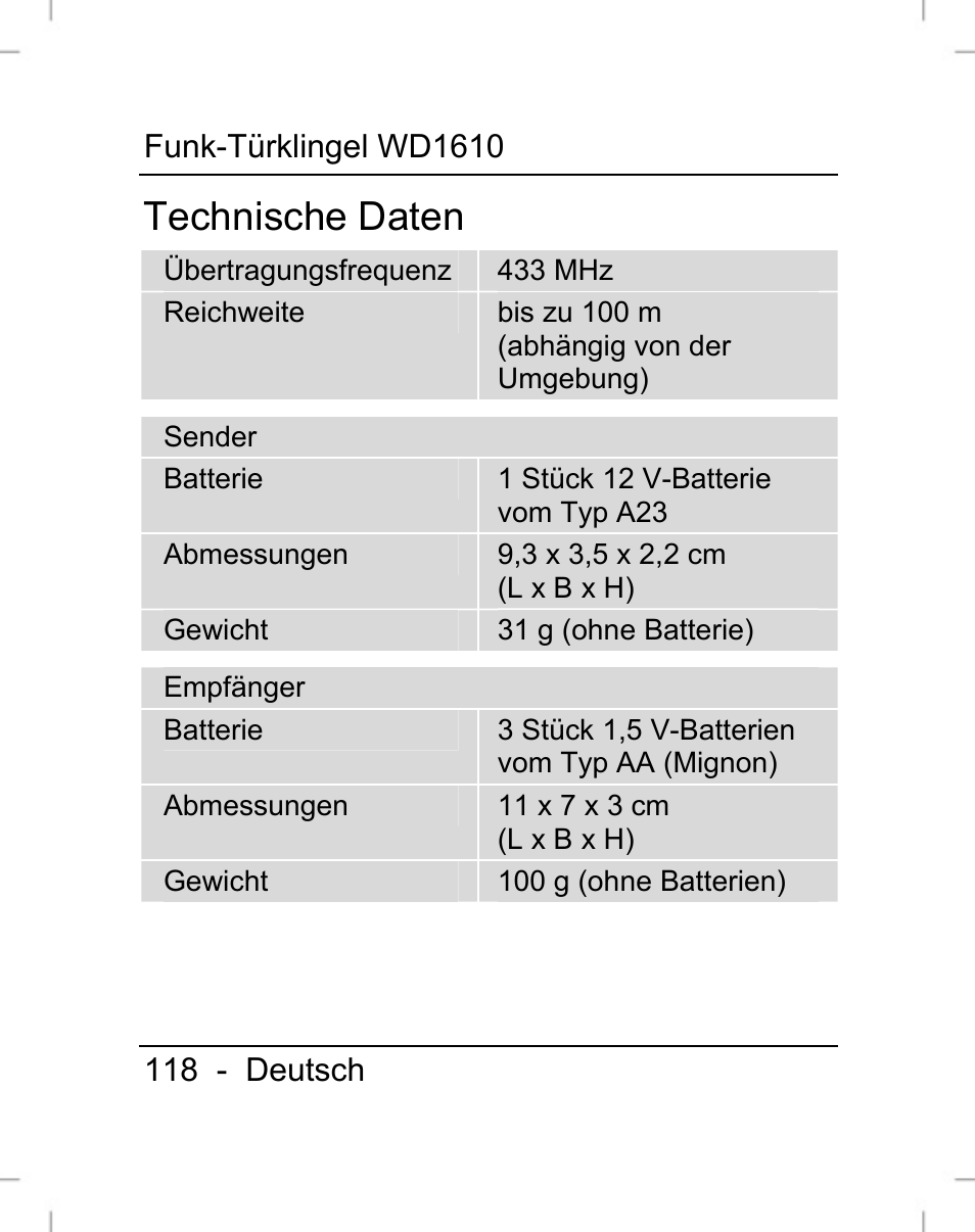 Technische daten | Silvercrest WD1610 User Manual | Page 119 / 122