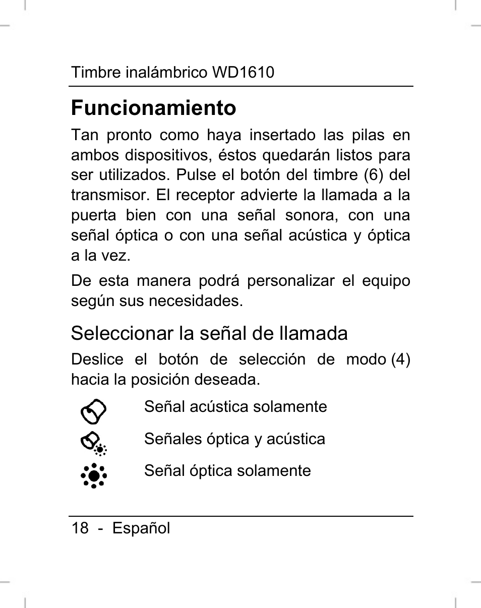 Funcionamiento, Seleccionar la señal de llamada | Silvercrest WD1610 User Manual | Page 19 / 122