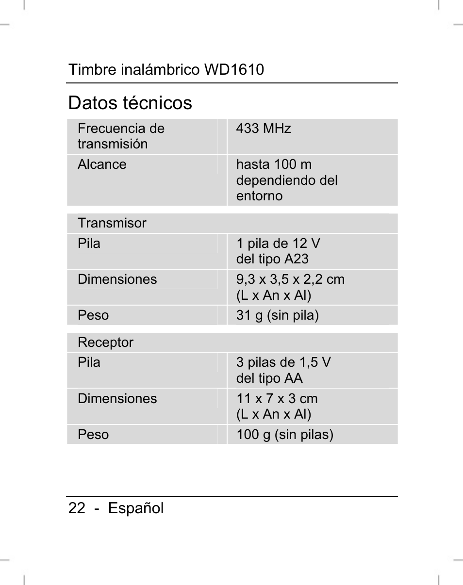 Datos técnicos | Silvercrest WD1610 User Manual | Page 23 / 122