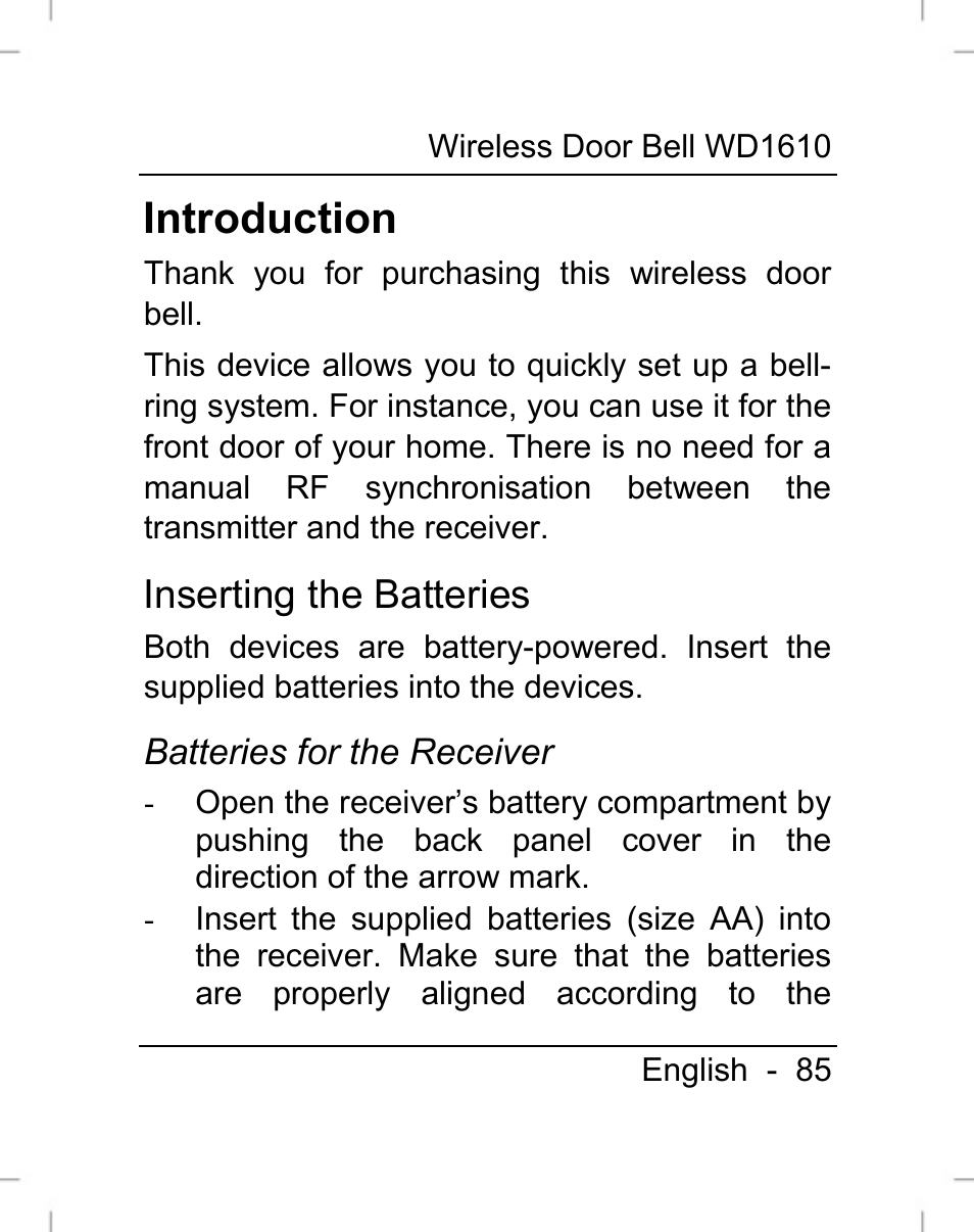 Introduction, Inserting the batteries | Silvercrest WD1610 User Manual | Page 86 / 122