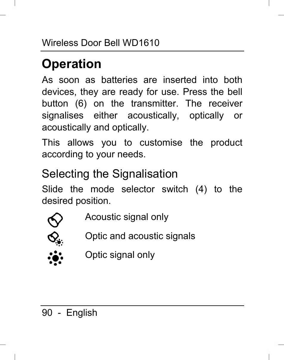 Operation, Selecting the signalisation | Silvercrest WD1610 User Manual | Page 91 / 122