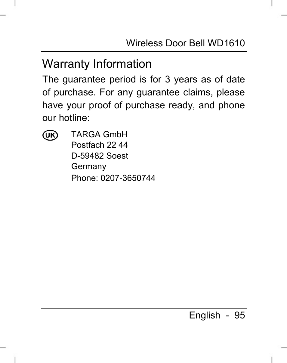 Warranty information | Silvercrest WD1610 User Manual | Page 96 / 122