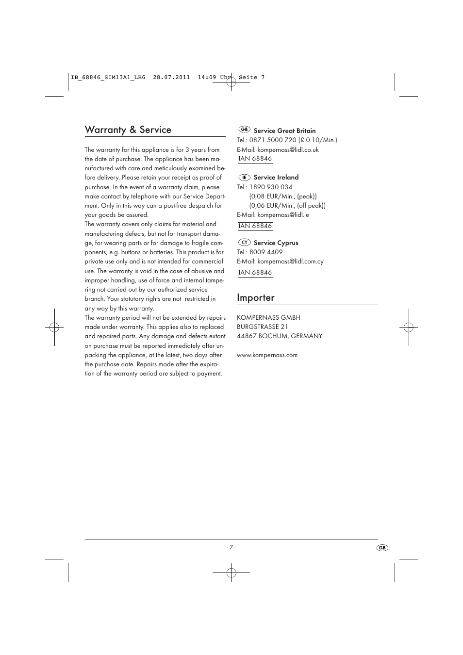 Warranty & service, Importer | Silvercrest SIM 13 A1 User Manual | Page 9 / 17