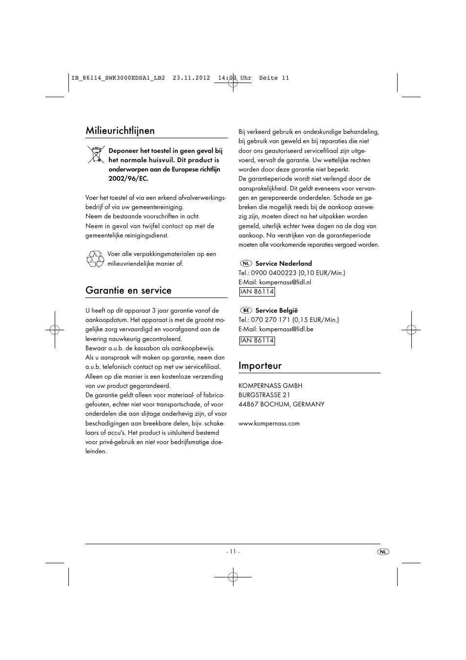 Milieurichtlijnen, Garantie en service, Importeur | Silvercrest SWK 3000 EDS A1 User Manual | Page 14 / 27