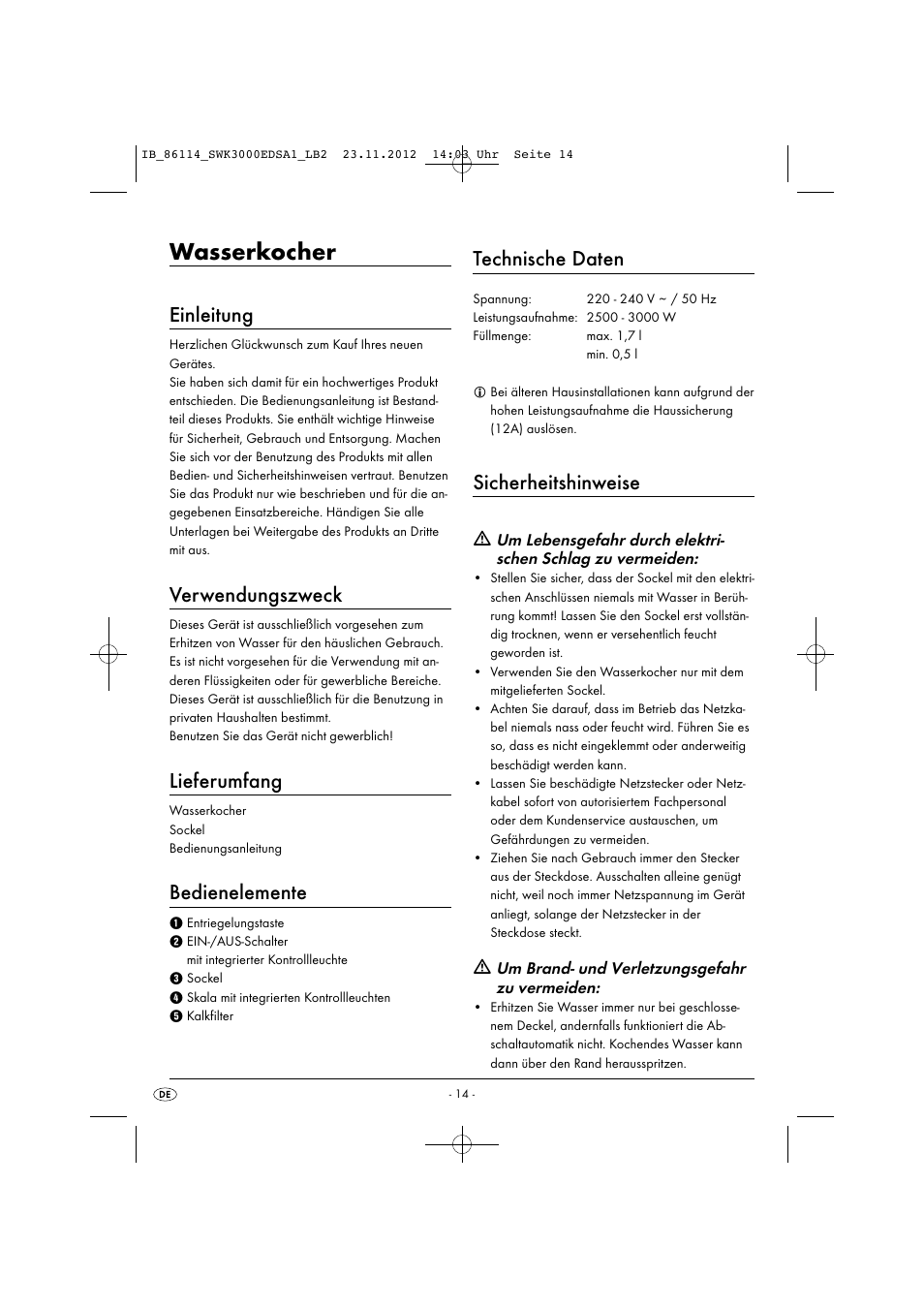 Wasserkocher, Einleitung, Verwendungszweck | Lieferumfang, Bedienelemente, Technische daten, Sicherheitshinweise | Silvercrest SWK 3000 EDS A1 User Manual | Page 17 / 27