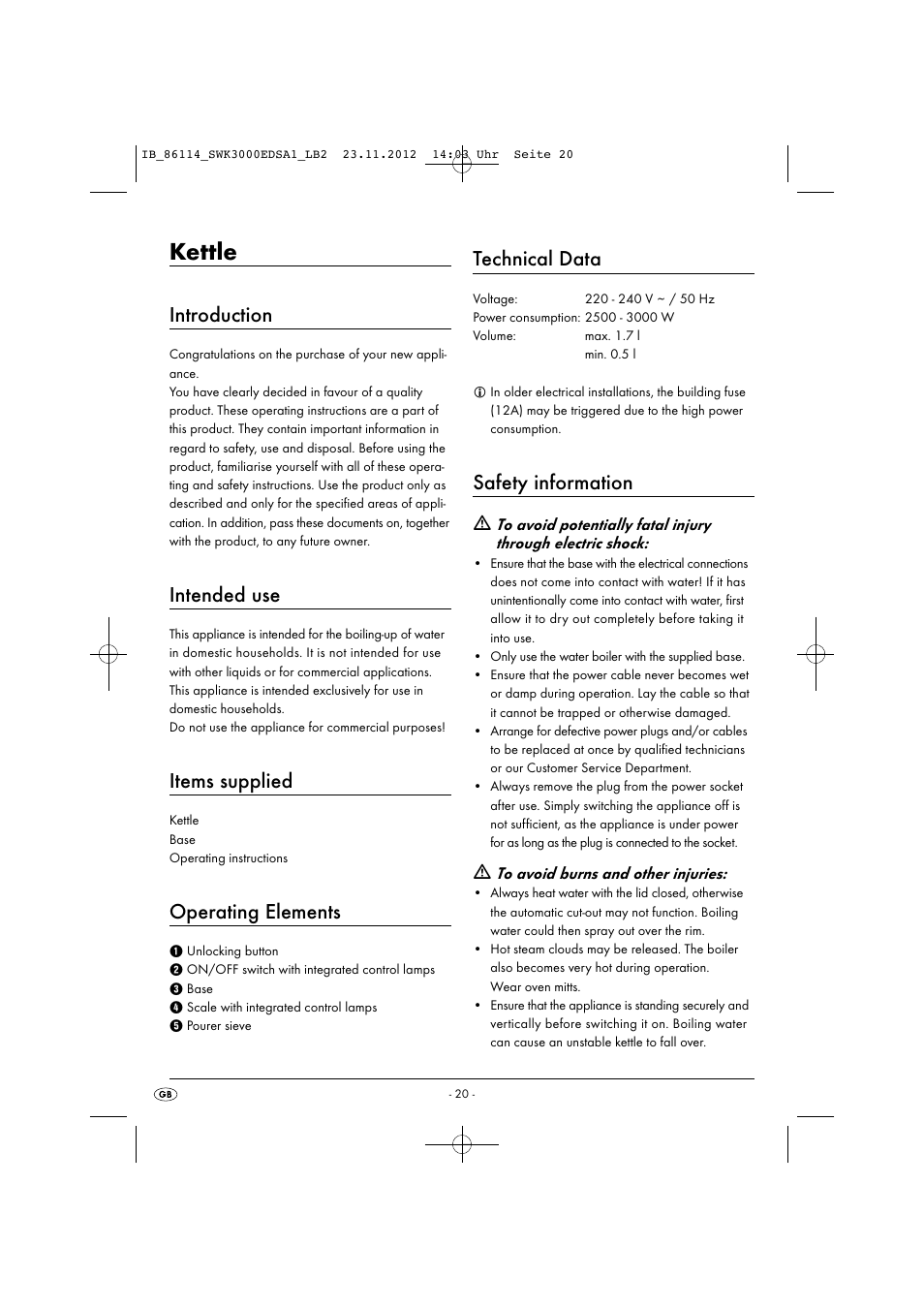 Kettle, Introduction, Intended use | Items supplied, Operating elements, Technical data, Safety information | Silvercrest SWK 3000 EDS A1 User Manual | Page 23 / 27