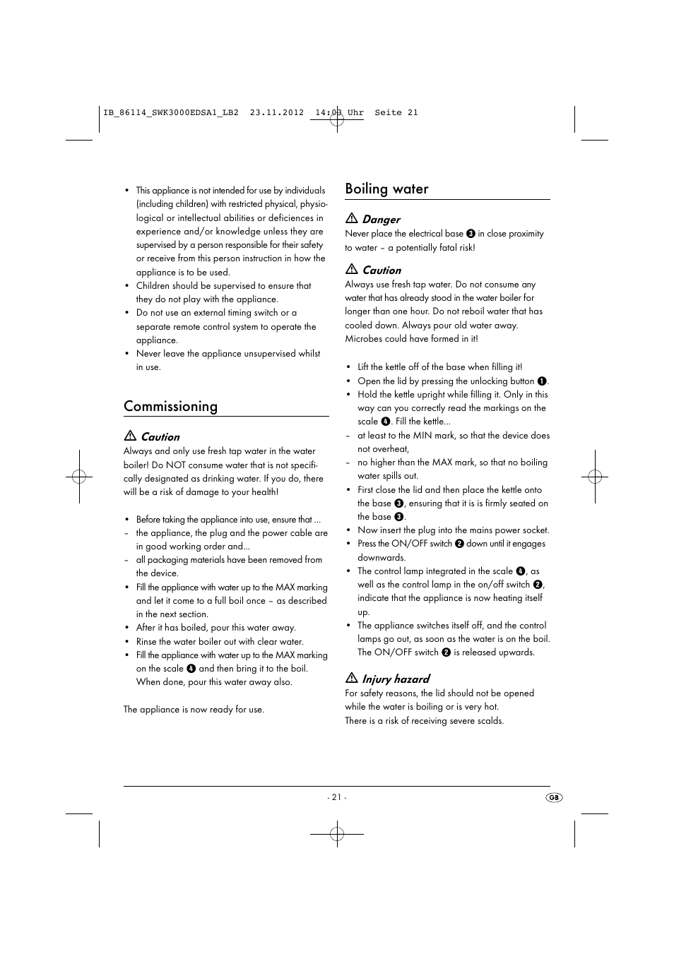 Commissioning, Boiling water, Caution | Danger, Injury hazard | Silvercrest SWK 3000 EDS A1 User Manual | Page 24 / 27