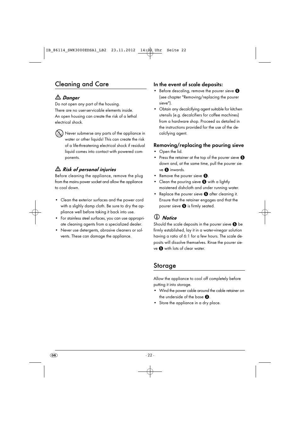 Cleaning and care, Storage | Silvercrest SWK 3000 EDS A1 User Manual | Page 25 / 27