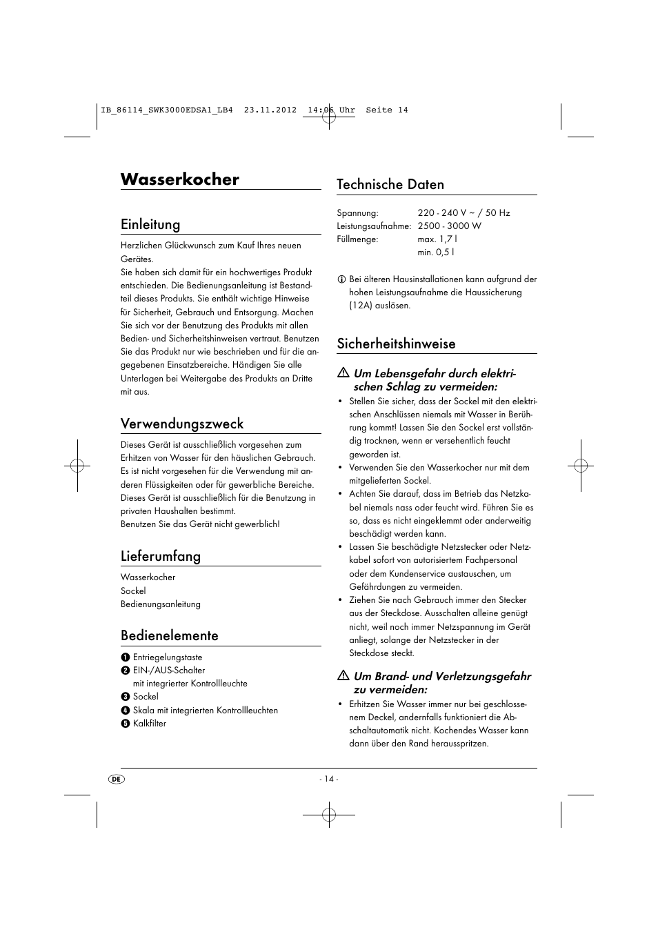 Wasserkocher, Einleitung, Verwendungszweck | Lieferumfang, Bedienelemente, Technische daten, Sicherheitshinweise | Silvercrest SWK 3000 EDS A1 User Manual | Page 17 / 21