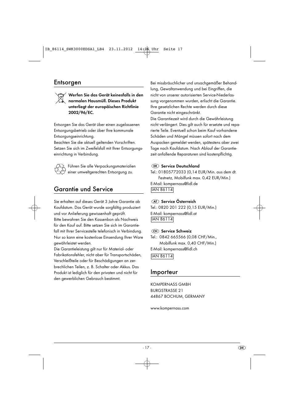 Entsorgen, Garantie und service, Importeur | Silvercrest SWK 3000 EDS A1 User Manual | Page 20 / 21