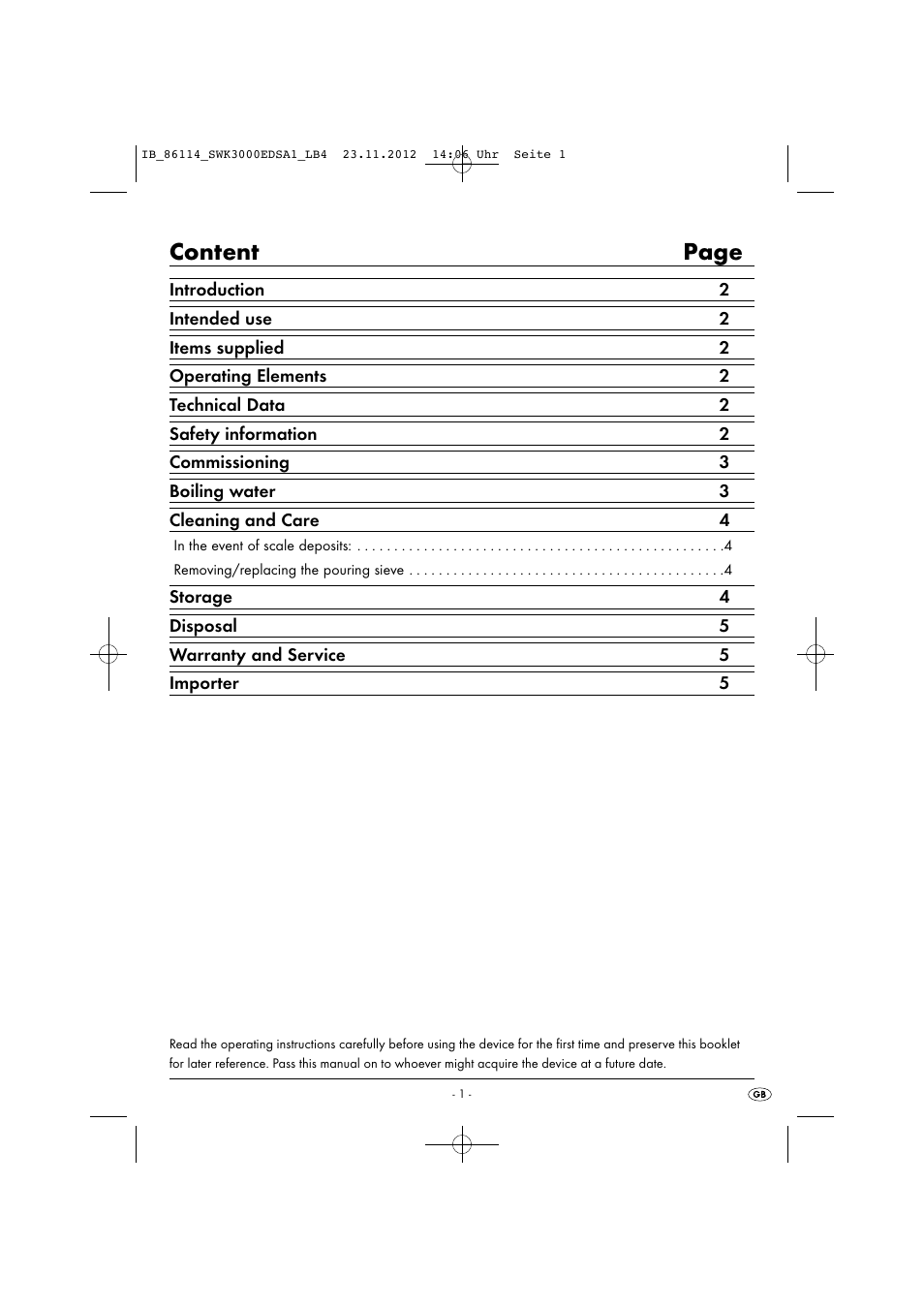 Content page | Silvercrest SWK 3000 EDS A1 User Manual | Page 4 / 21