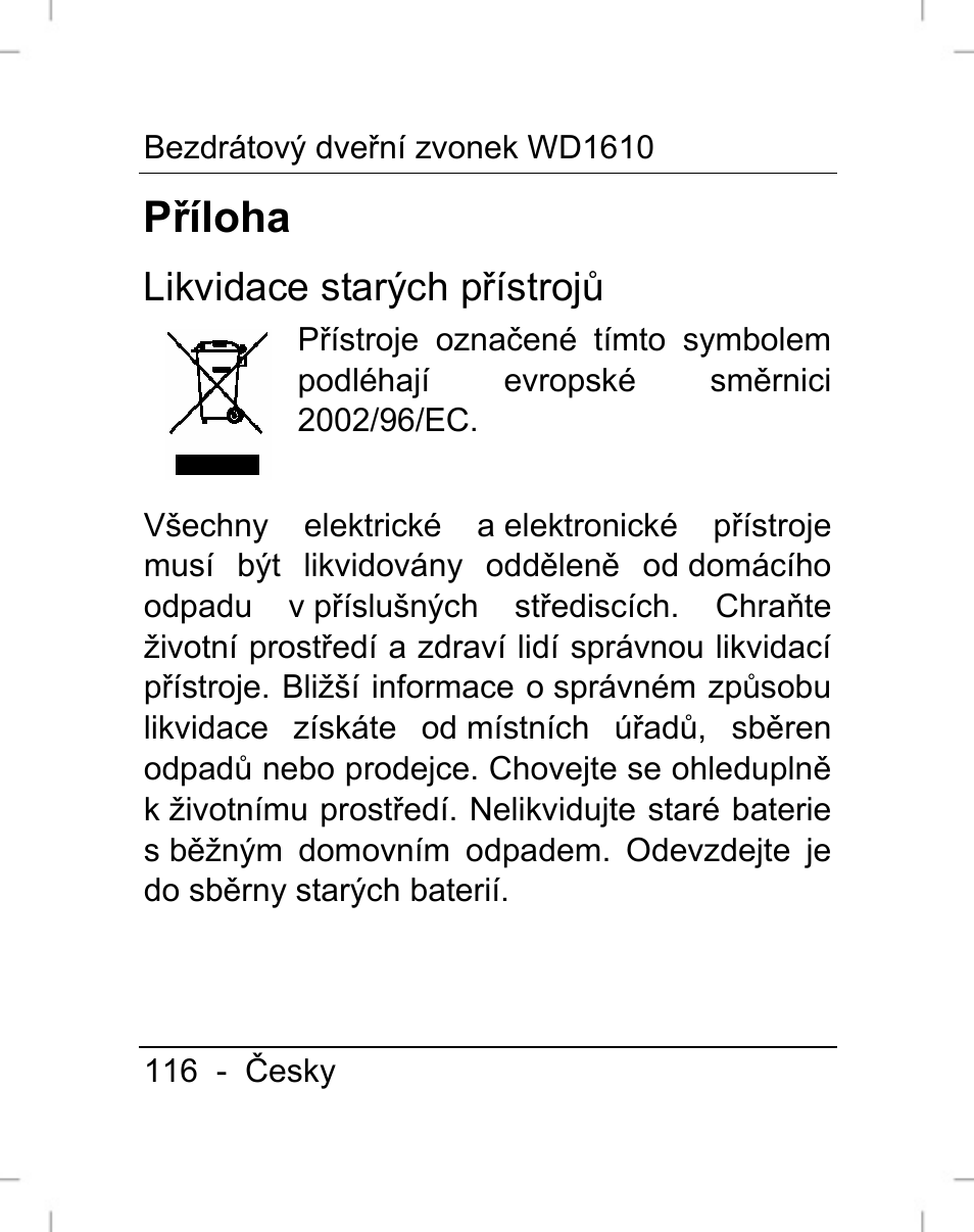 Příloha, Likvidace starých přístrojů | Silvercrest WD1610 User Manual | Page 117 / 170