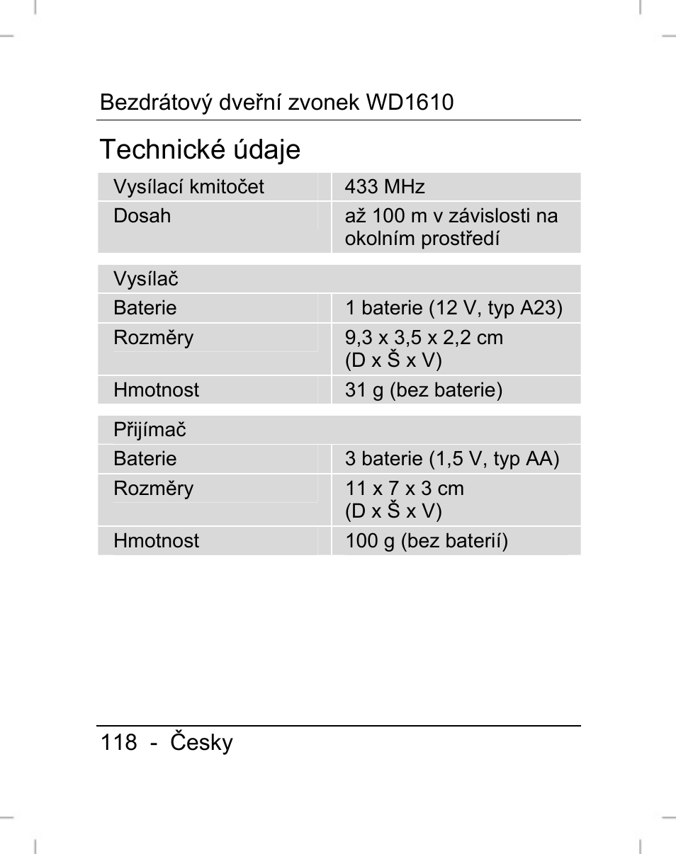 Technické údaje | Silvercrest WD1610 User Manual | Page 119 / 170