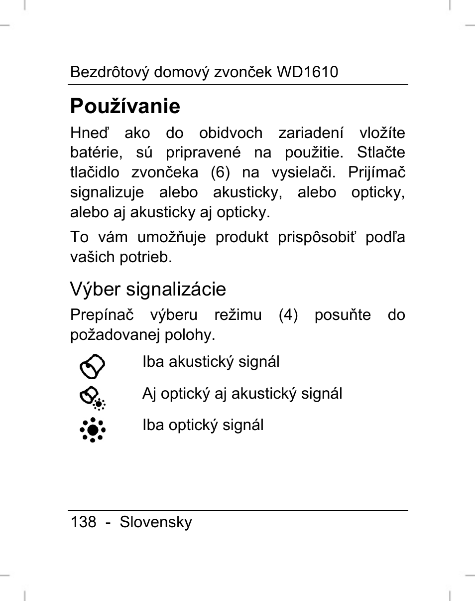 Používanie, Výber signalizácie | Silvercrest WD1610 User Manual | Page 139 / 170