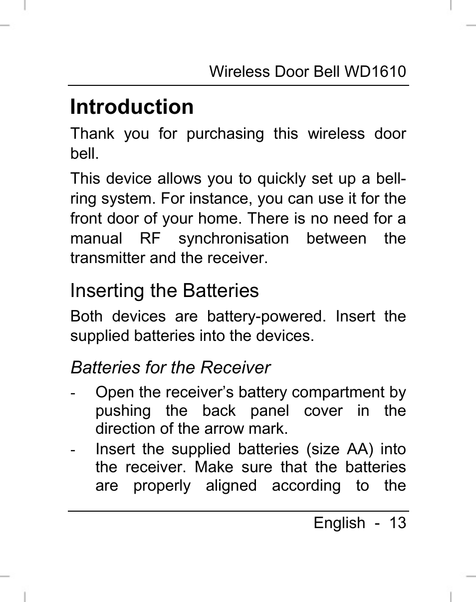 Introduction, Inserting the batteries | Silvercrest WD1610 User Manual | Page 14 / 170