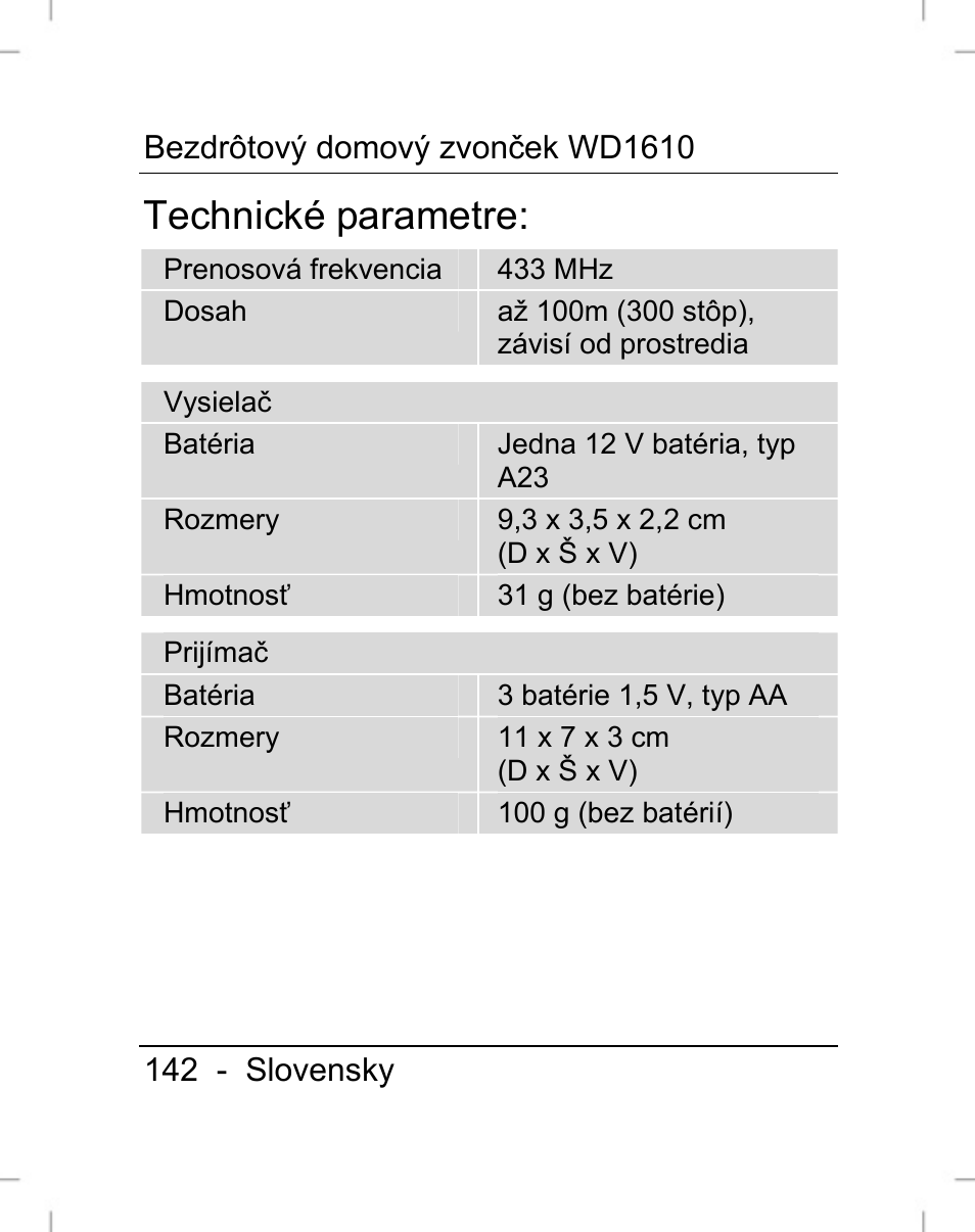 Technické parametre | Silvercrest WD1610 User Manual | Page 143 / 170