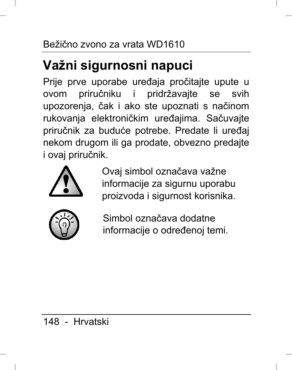 Važni sigurnosni napuci | Silvercrest WD1610 User Manual | Page 149 / 170