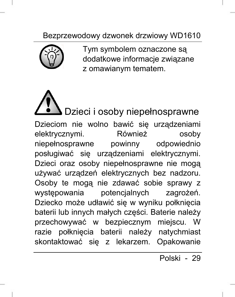 Dzieci i osoby niepełnosprawne | Silvercrest WD1610 User Manual | Page 30 / 170