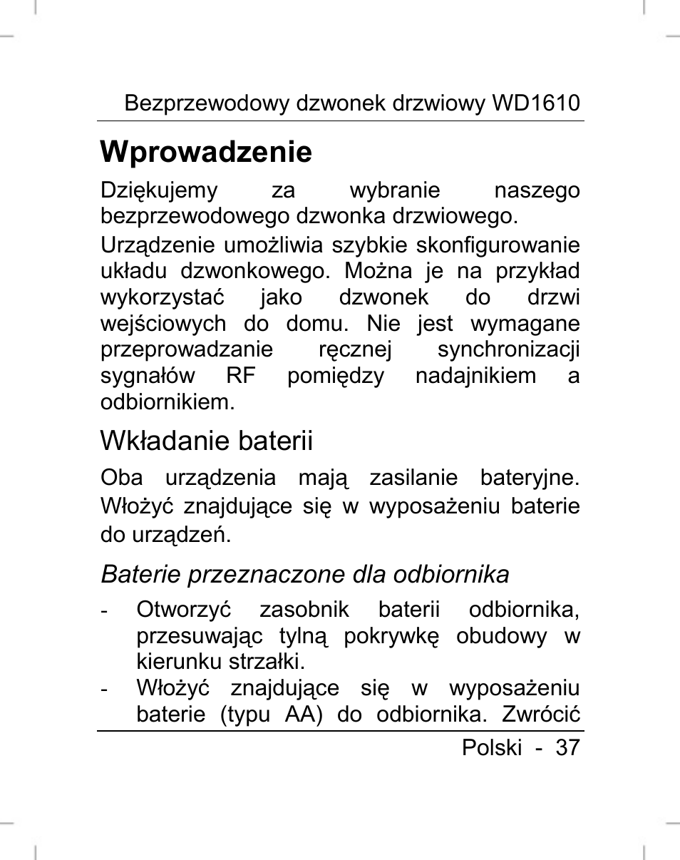 Wprowadzenie, Wkładanie baterii | Silvercrest WD1610 User Manual | Page 38 / 170