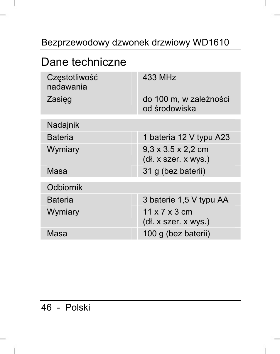 Dane techniczne | Silvercrest WD1610 User Manual | Page 47 / 170