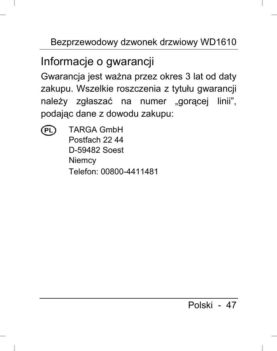 Informacje o gwarancji | Silvercrest WD1610 User Manual | Page 48 / 170