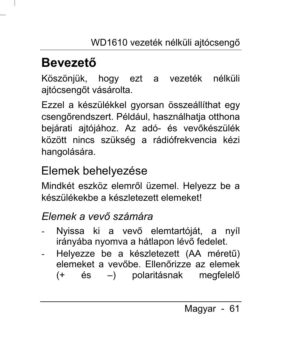 Bevezető, Elemek behelyezése | Silvercrest WD1610 User Manual | Page 62 / 170