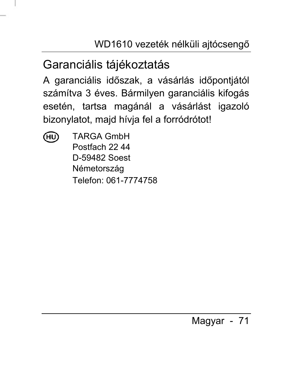 Garanciális tájékoztatás | Silvercrest WD1610 User Manual | Page 72 / 170