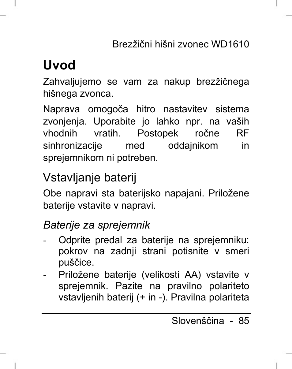 Uvod, Vstavljanje baterij | Silvercrest WD1610 User Manual | Page 86 / 170