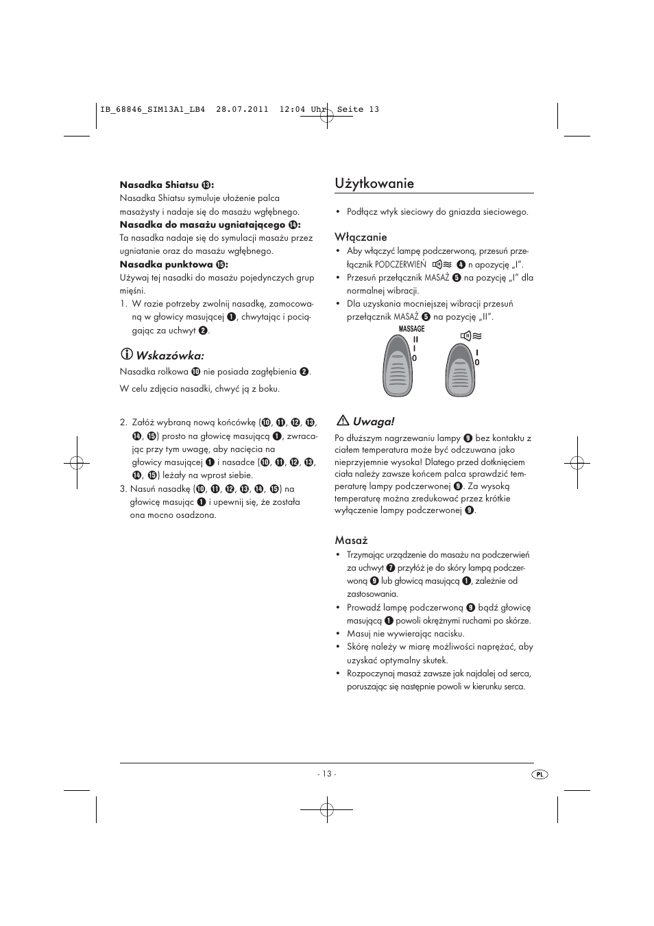 Użytkowanie, Wskazówka, Włączanie | Uwaga, Masaż | Silvercrest SIM 13 A1 User Manual | Page 15 / 57