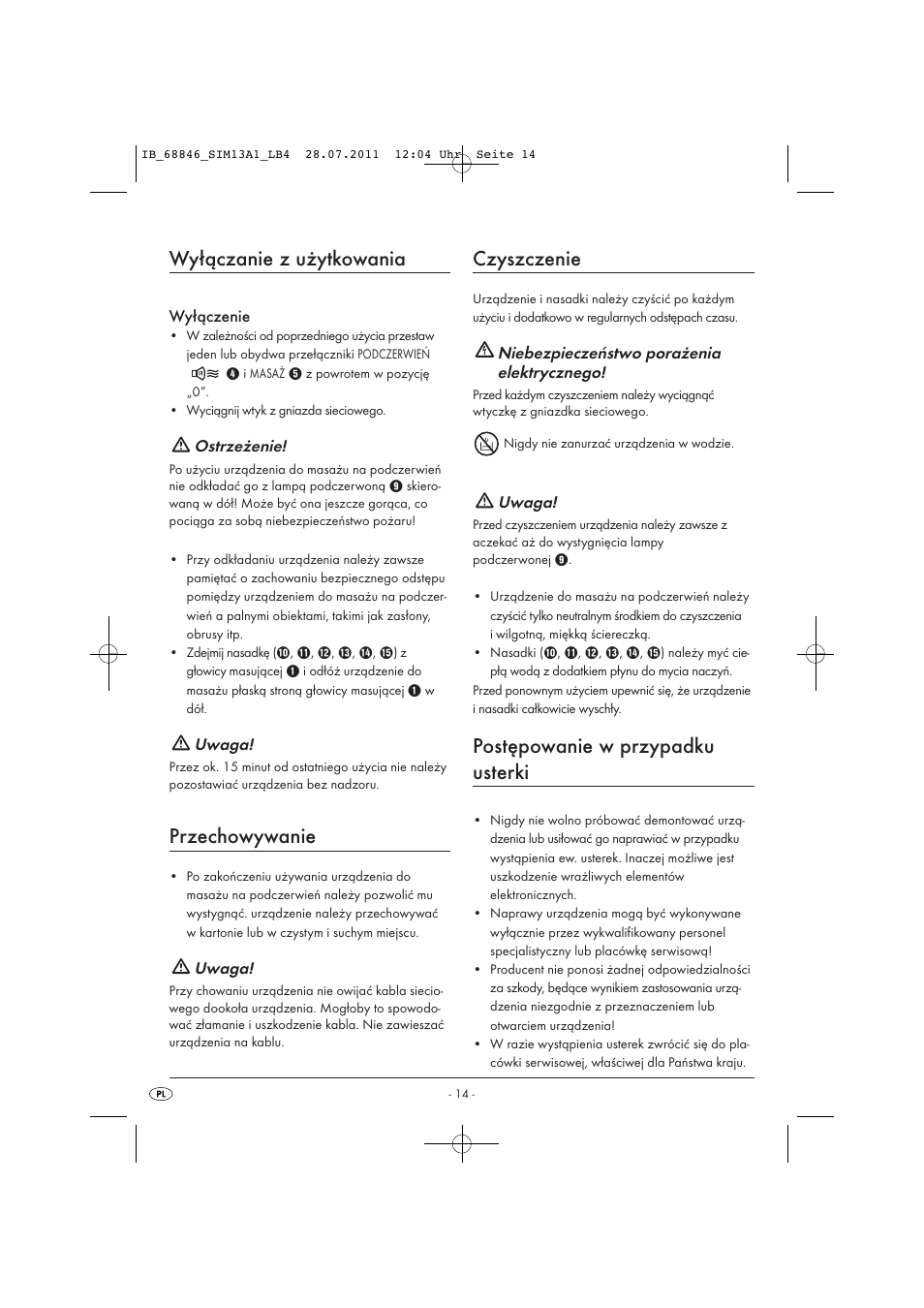 Wyłączanie z użytkowania, Przechowywanie, Czyszczenie | Postępowanie w przypadku usterki | Silvercrest SIM 13 A1 User Manual | Page 16 / 57