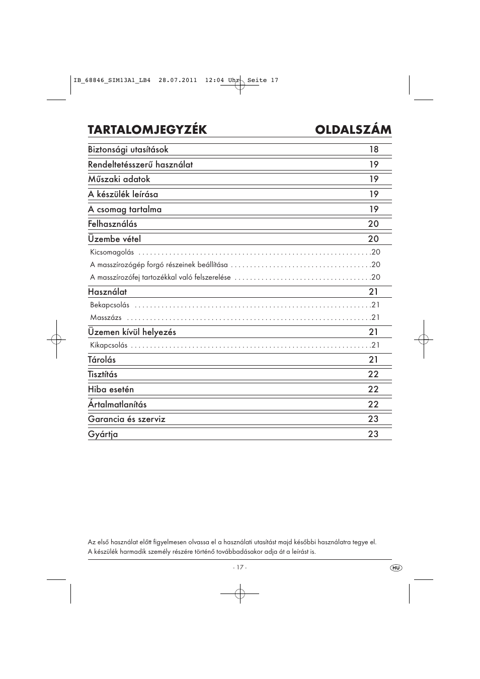 Tartalomjegyzék oldalszám | Silvercrest SIM 13 A1 User Manual | Page 19 / 57