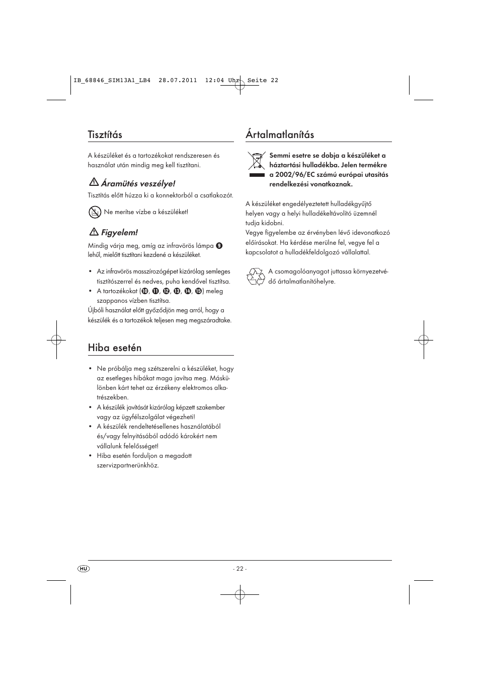 Tisztítás, Hiba esetén, Ártalmatlanítás | Áramütés veszélye, Figyelem | Silvercrest SIM 13 A1 User Manual | Page 24 / 57