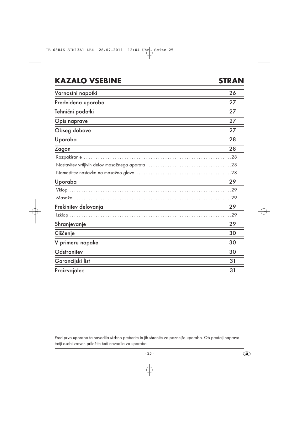 Kazalo vsebine stran | Silvercrest SIM 13 A1 User Manual | Page 27 / 57