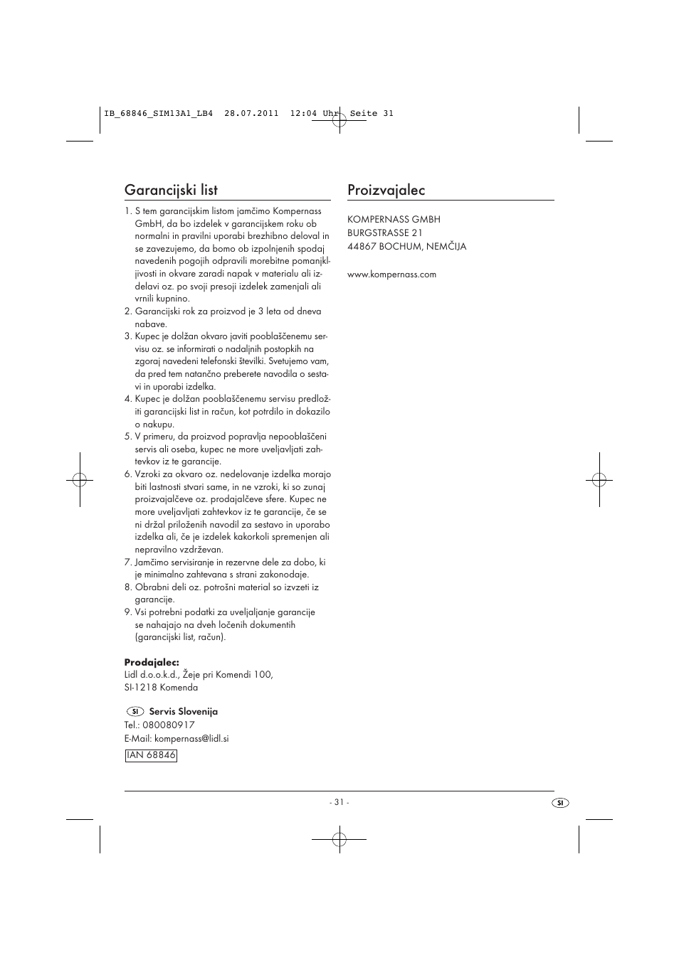 Garancijski list, Proizvajalec | Silvercrest SIM 13 A1 User Manual | Page 33 / 57