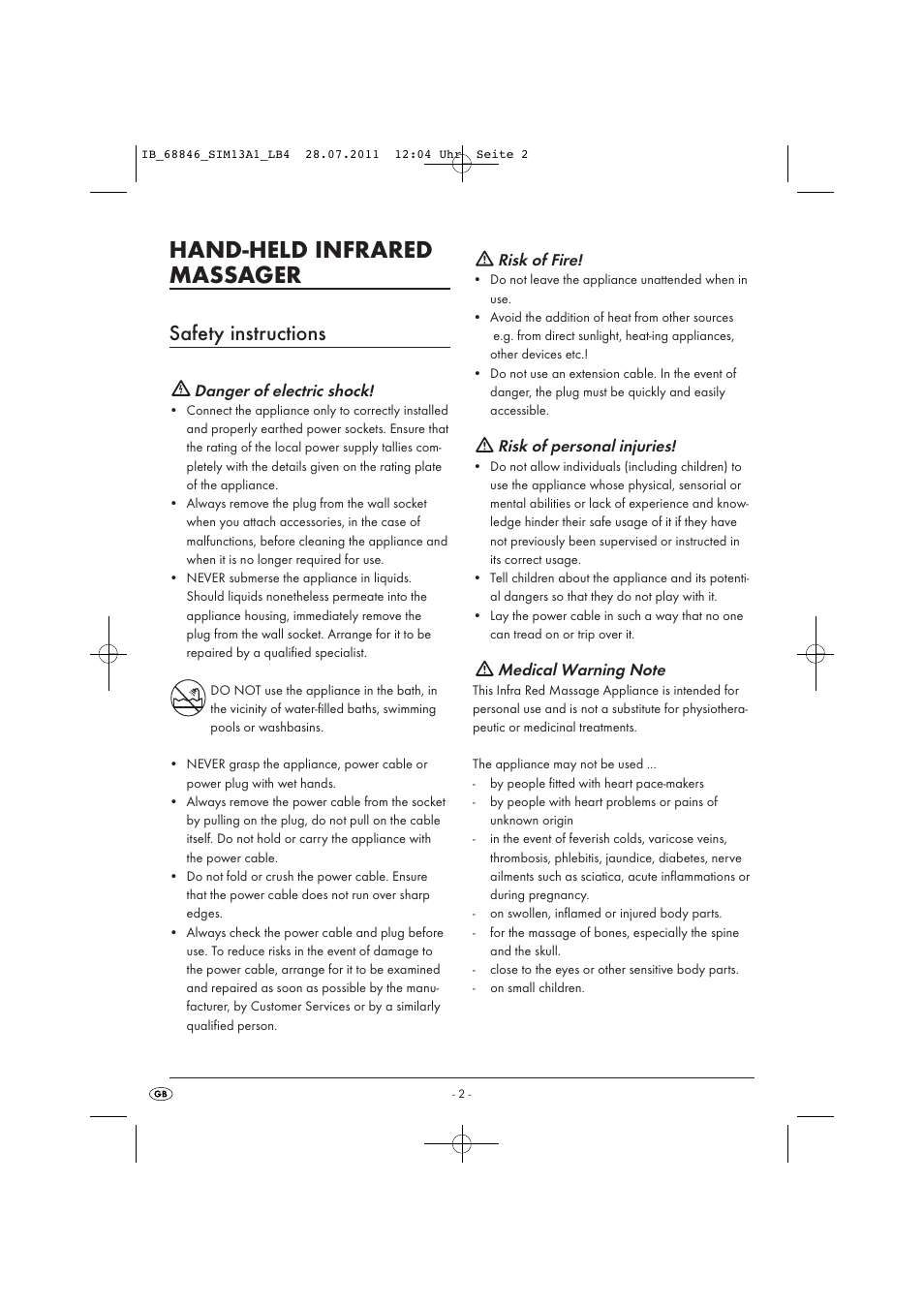 Hand-held infrared massager, Safety instructions, Danger of electric shock | Risk of fire, Risk of personal injuries | Silvercrest SIM 13 A1 User Manual | Page 4 / 57