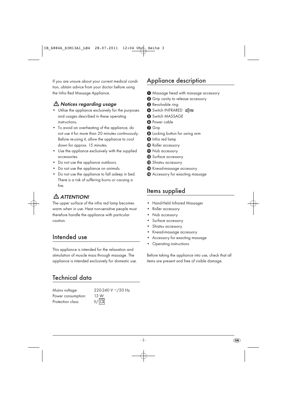 Intended use, Technical data, Appliance description | Items supplied, Notices regarding usage, Attention | Silvercrest SIM 13 A1 User Manual | Page 5 / 57