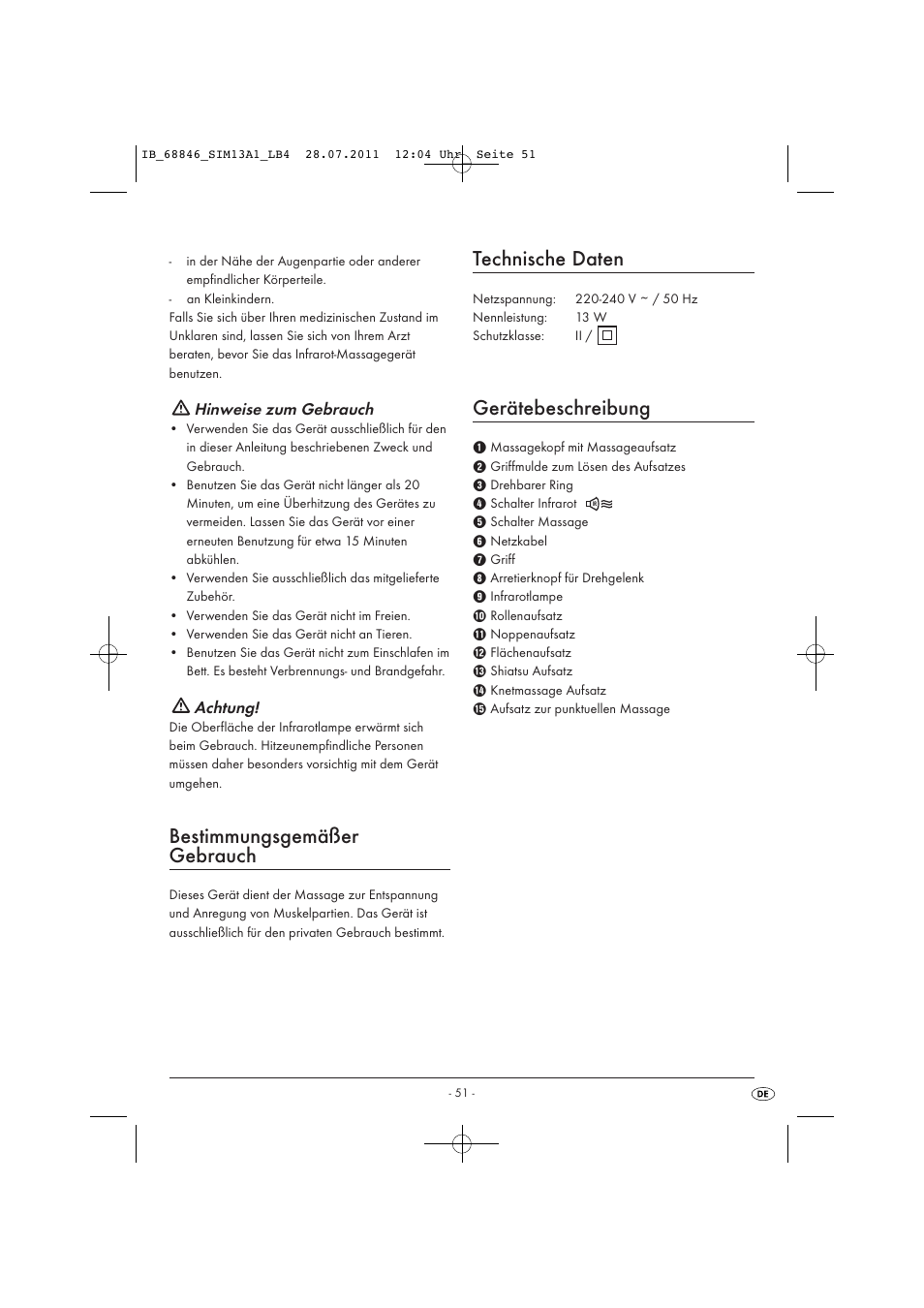 Bestimmungsgemäßer gebrauch, Technische daten, Gerätebeschreibung | Hinweise zum gebrauch, Achtung | Silvercrest SIM 13 A1 User Manual | Page 53 / 57