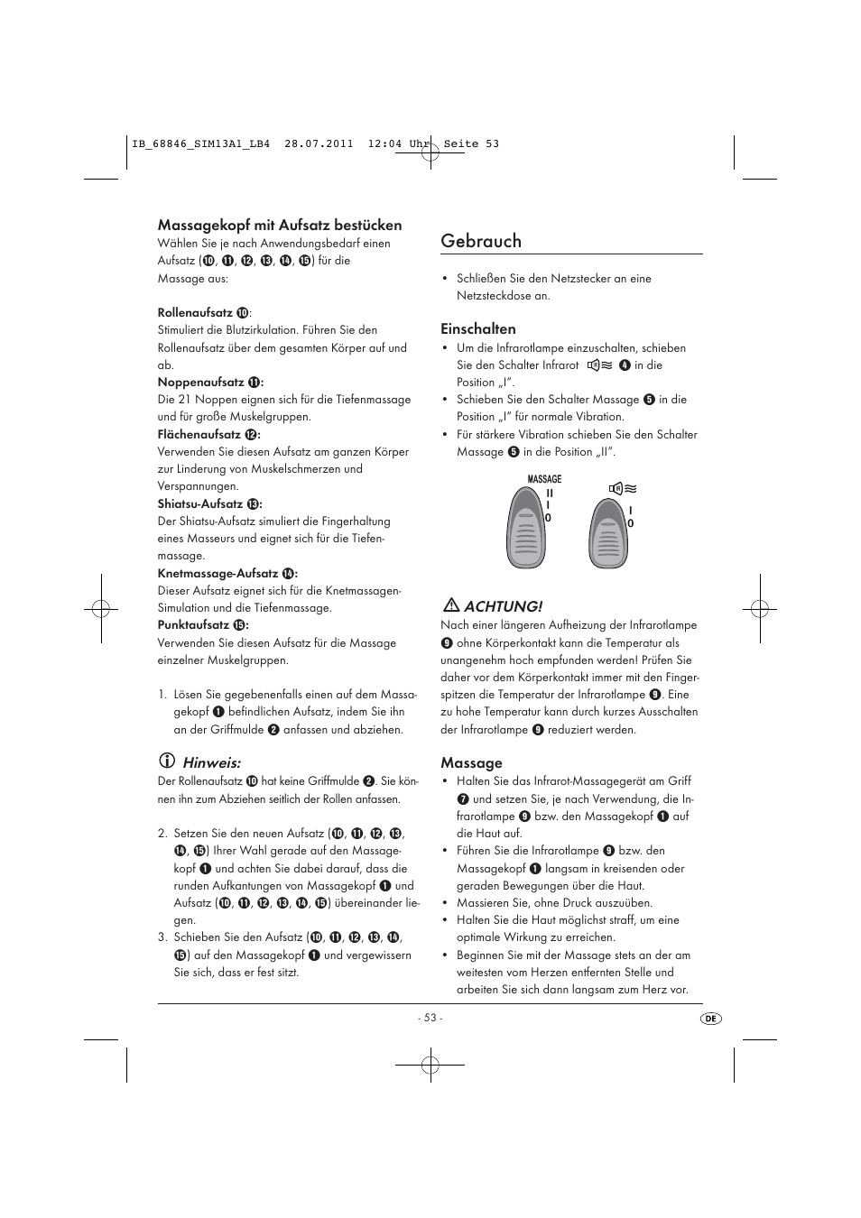Gebrauch, Massagekopf mit aufsatz bestücken, Hinweis | Einschalten, Achtung, Massage | Silvercrest SIM 13 A1 User Manual | Page 55 / 57