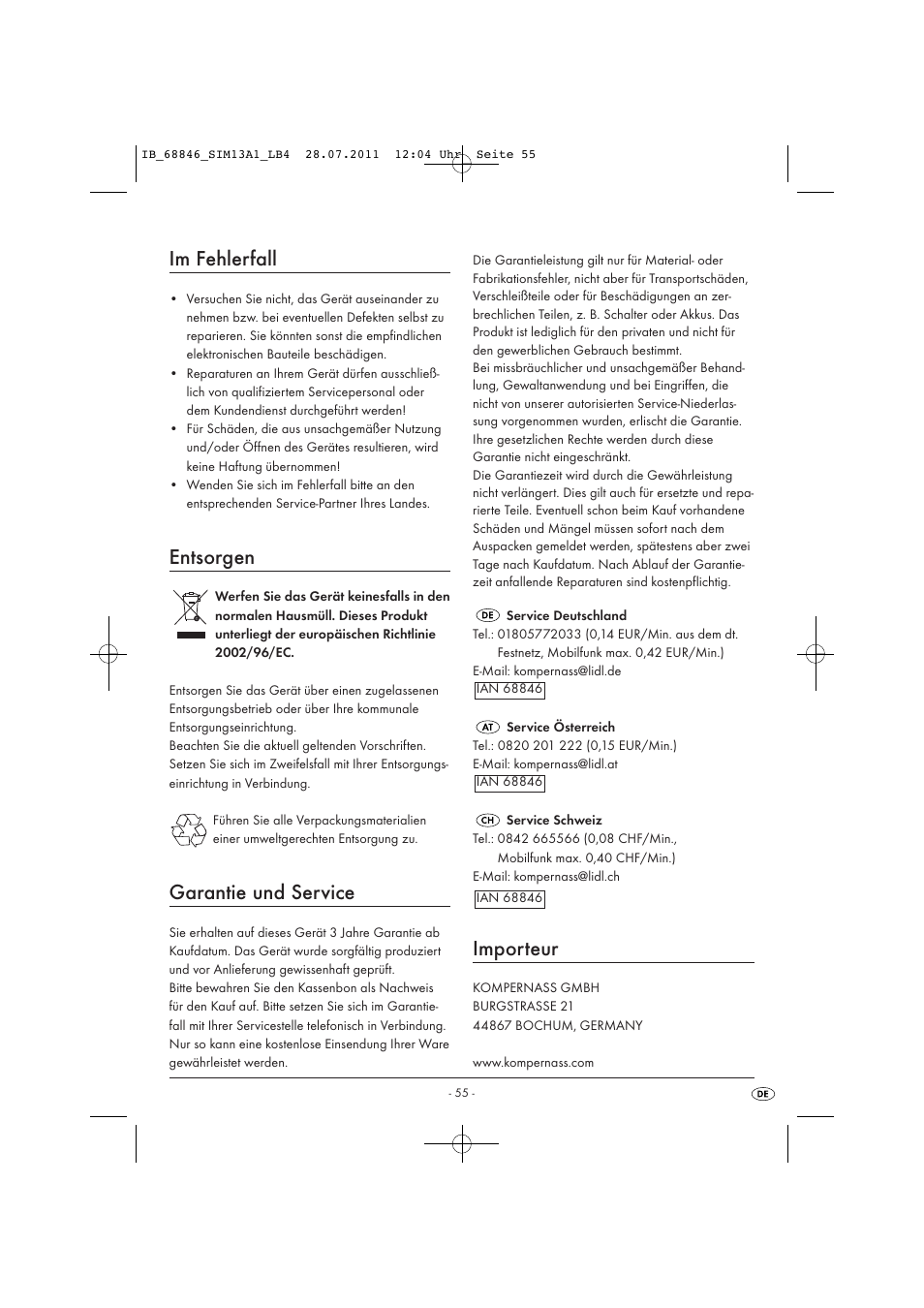 Im fehlerfall, Entsorgen, Garantie und service | Importeur | Silvercrest SIM 13 A1 User Manual | Page 57 / 57