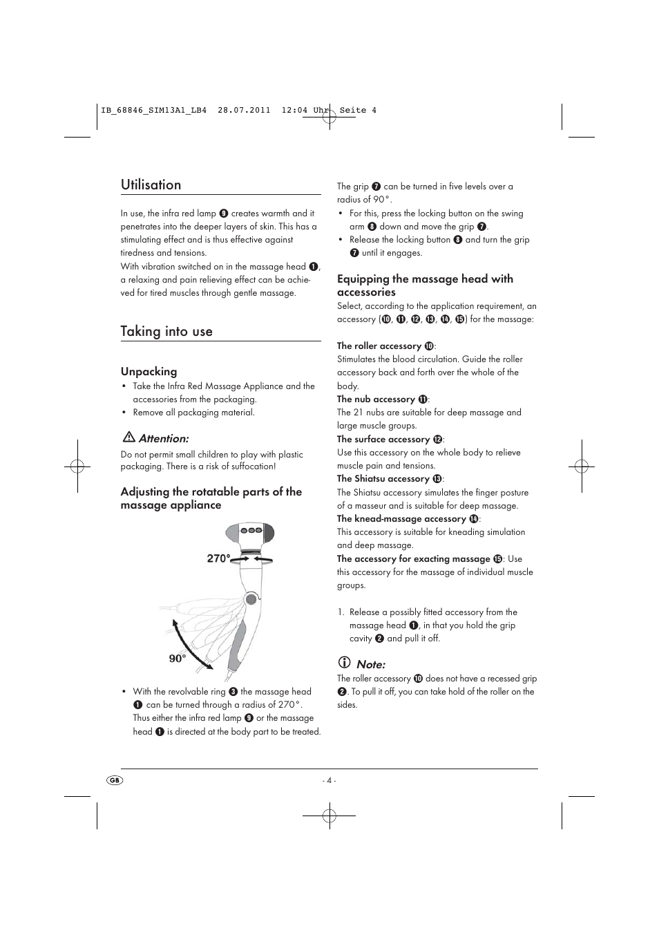 Utilisation, Taking into use, Unpacking | Attention, Equipping the massage head with accessories | Silvercrest SIM 13 A1 User Manual | Page 6 / 57