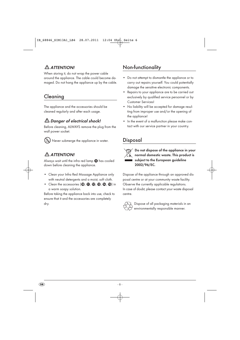 Cleaning, Non-functionality, Disposal | Attention, Danger of electrical shock | Silvercrest SIM 13 A1 User Manual | Page 8 / 57