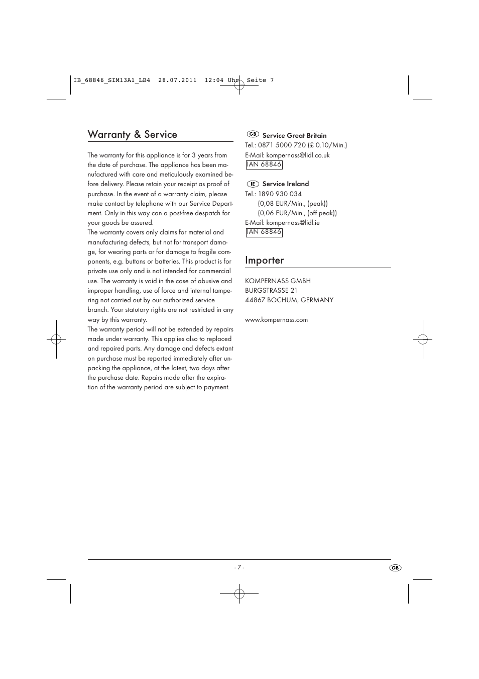 Warranty & service, Importer | Silvercrest SIM 13 A1 User Manual | Page 9 / 57