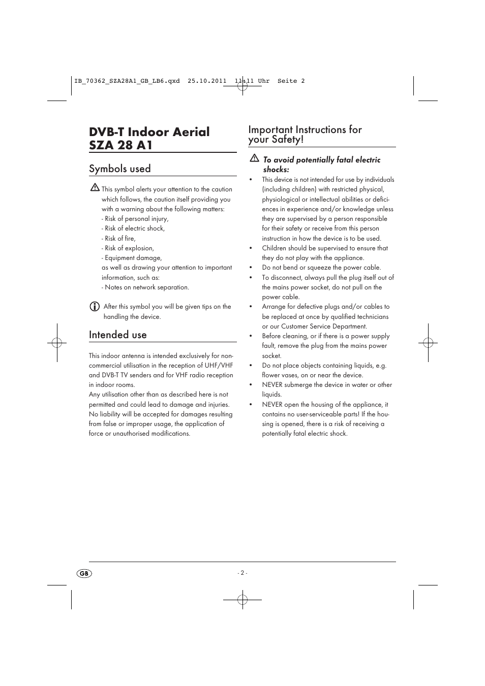 Dvb-t indoor aerial sza 28 a1, Symbols used, Intended use | Important instructions for your safety | Silvercrest SZA 28 A1 User Manual | Page 4 / 14