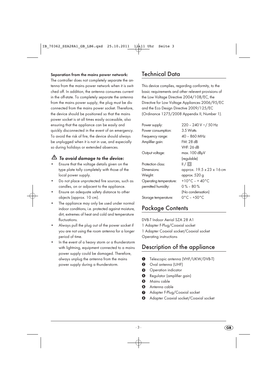 Technical data, Package contents, Description of the appliance | Silvercrest SZA 28 A1 User Manual | Page 5 / 14