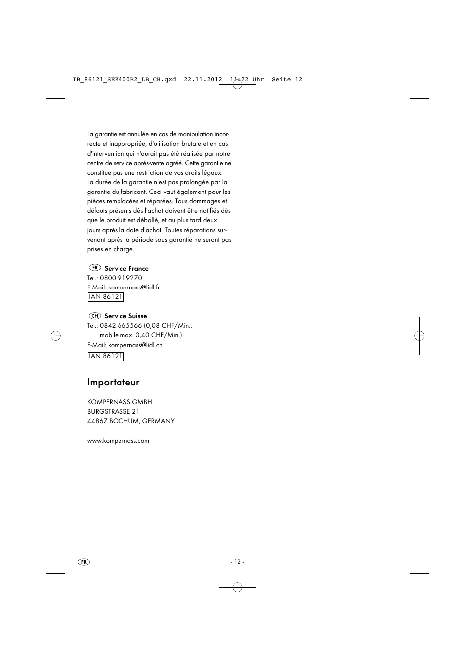 Importateur | Silvercrest SEK 400 B2 User Manual | Page 15 / 27